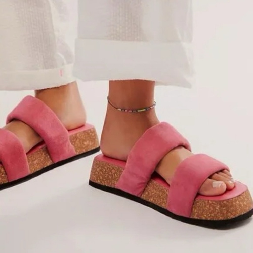 FREE PEOPLE Fairmount Watermelon Suede Flared Cork Platform Puffy Sandals